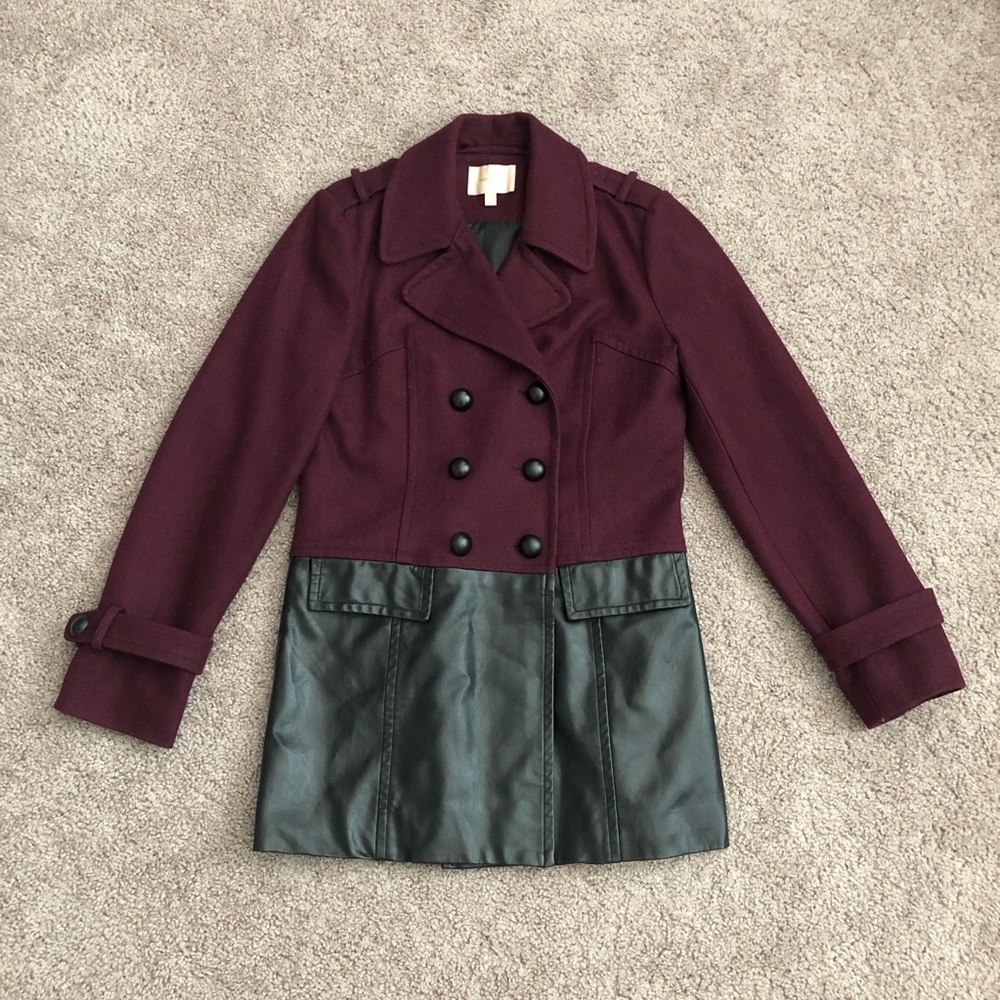 Skies Are Blue Womens Size XS Wool Blend Burgundy Faux Black Leather Pea Coat